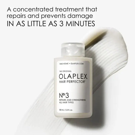 Olaplex Hair Perfector No.3 bottle on a white background with text about its benefits.