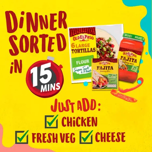 Colorful advertisement for Old El Paso products, highlighting quick 15-minute dinner options with tortillas and fajita fixings.