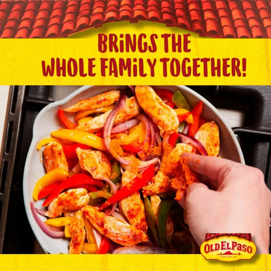 Old El Paso Fajita Seasoning Mix with vibrant peppers and chicken, perfect for family meals.