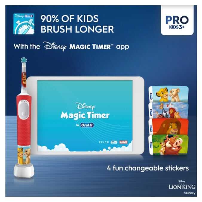 Oral-B Pro Kids Electric Toothbrush with Lion King stickers and Disney Magic Timer app for fun brushing.