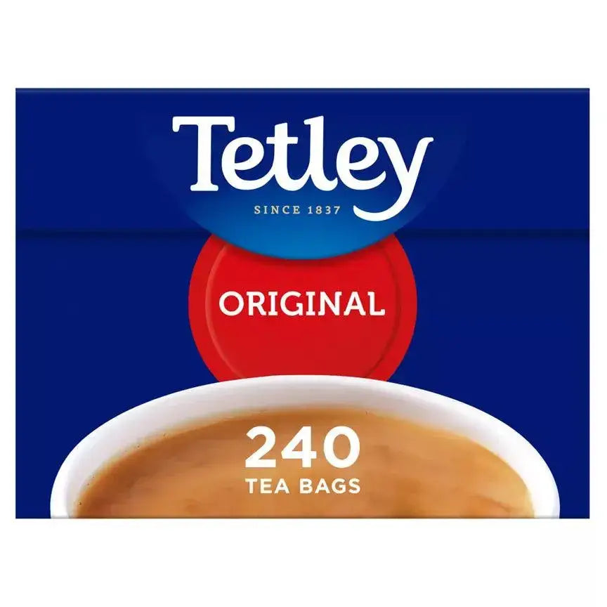 Original Tetley tea bags packaging with 240 bags, showcasing quality taste and rich flavor since 1837.