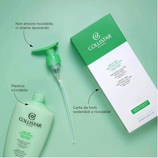 Collistar Milano ANTICELLULITE CRYO-GEL 400ml packaging and bottle, showcasing recyclable materials.