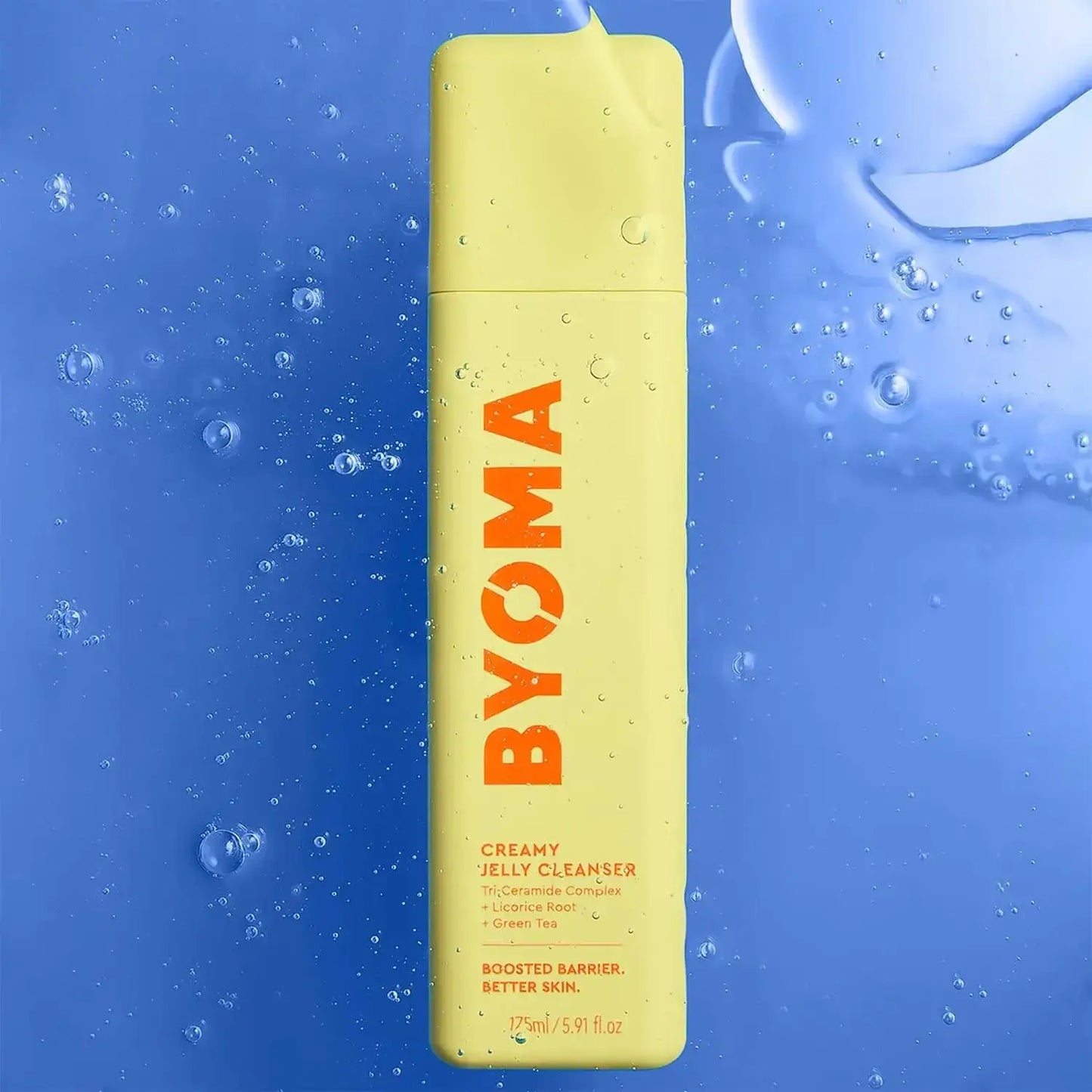 Byoma Creamy Jelly Cleanser 175ml on a blue background, featuring hydration and barrier-boosting ingredients for skincare.