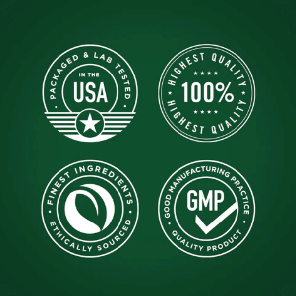 Certification badges showing quality and sourcing: USA made, 100% quality, finest ingredients, and GMP compliance.