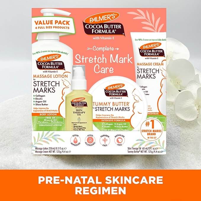 Palmer's Cocoa Butter Complete Stretch Mark Care Kit with lotion and tummy butter for stretch mark prevention.
