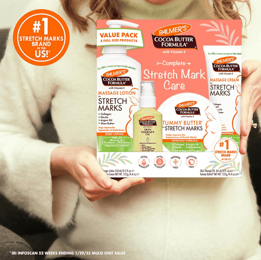 Palmer's Cocoa Butter Complete Stretch Mark Care Kit showcasing massage lotion and tummy butter for stretch mark reduction.