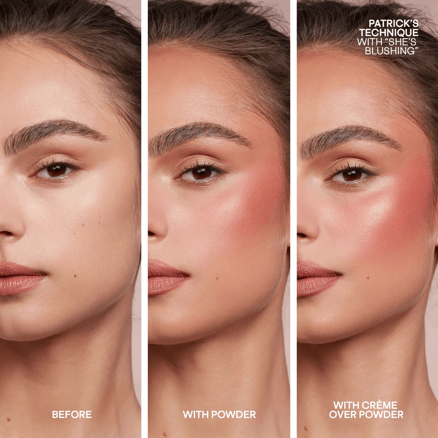 Before and after PATRICK TA makeup application on a model's face with 'Patrick's Technique' branding.