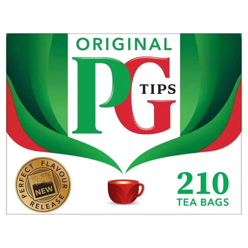 PG Tips Original Tea Bags package featuring 210 bags, promoting fresh flavor and crafted from the finest tea leaves.