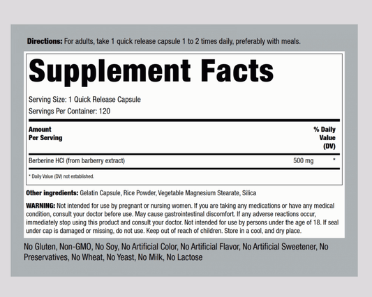 Supplement facts for Piping Rock Berberine HCL 500 mg, detailing ingredients and serving information.