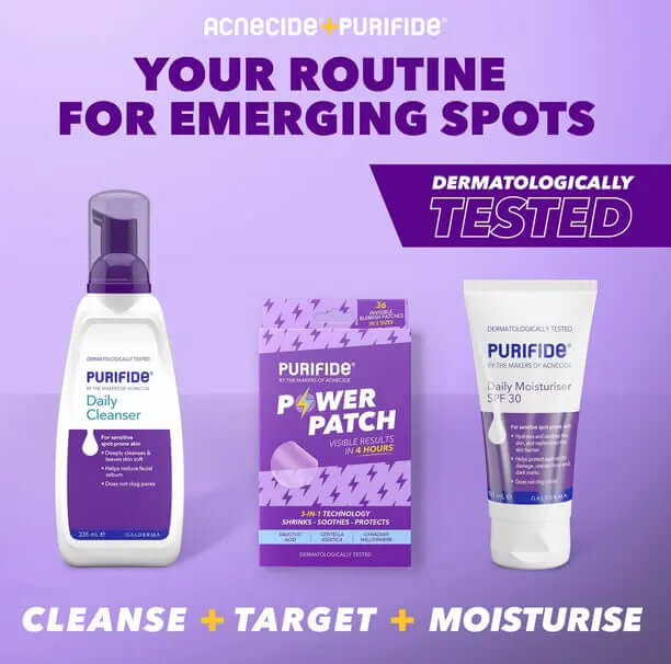 PURIFIDE skincare routine with Daily Cleanser, Power Patch, and Daily Moisturiser SPF 30. Dermatologically tested for effective blemish care.