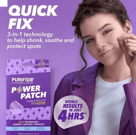 PURIFIDE by Acnecide Power Patch with 3-in-1 technology for blemish treatment; visible results in 4 hours.