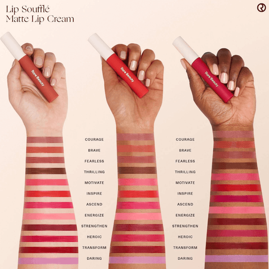Three arms showcasing swatches of RARE BEAUTY Lip Soufflé Matte Lip Cream in various shades with names labeled.
