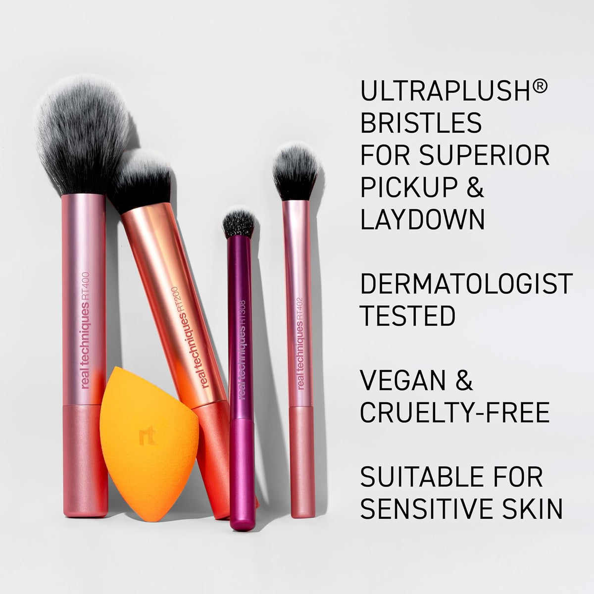 Real Techniques Makeup brushes and a sponge with text about product features on a light gray background