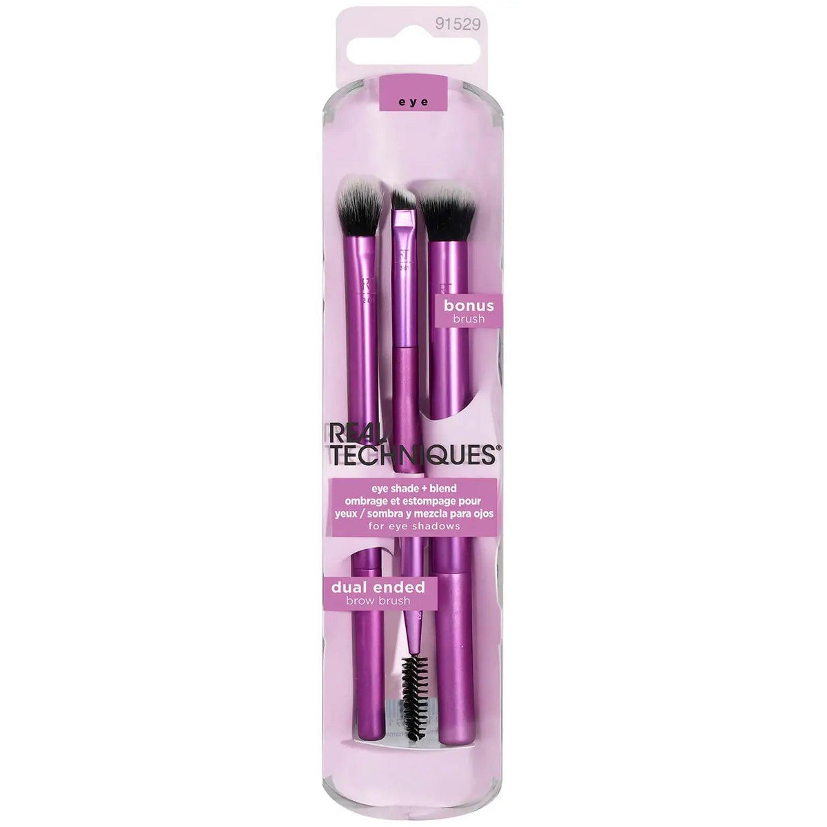 Real Techniques Eye Shade + Blend Brush Set featuring three brushes and a dual-ended brow tool for flawless eye makeup.