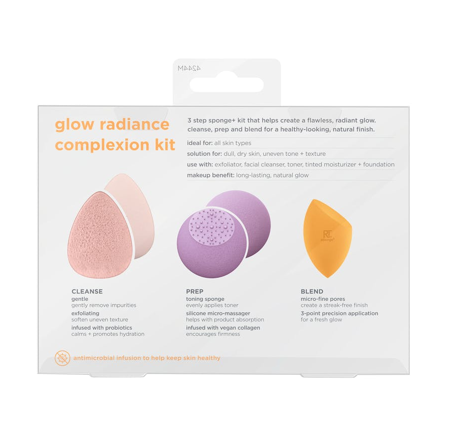 Real Techniques Glow radiance complexion kit packaging with sponges on a white background
