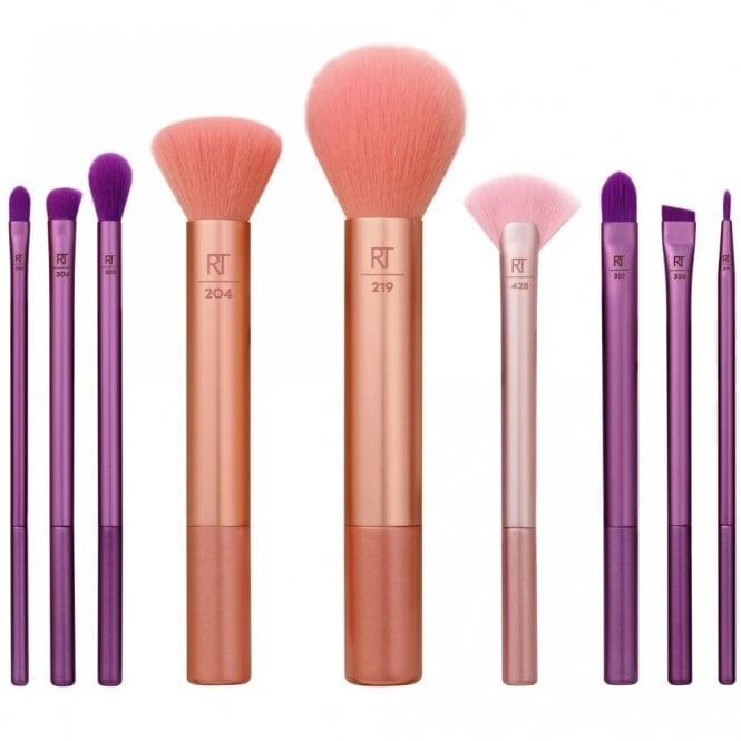 Real Techniques Insta Artist 9 Piece Makeup Brush Set featuring various brushes in vibrant colors for stunning makeup looks.