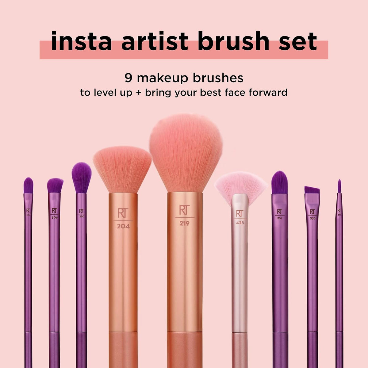 Makeup brushes with 'RT' logo on a pink background, labeled 'insta artist brush set'.