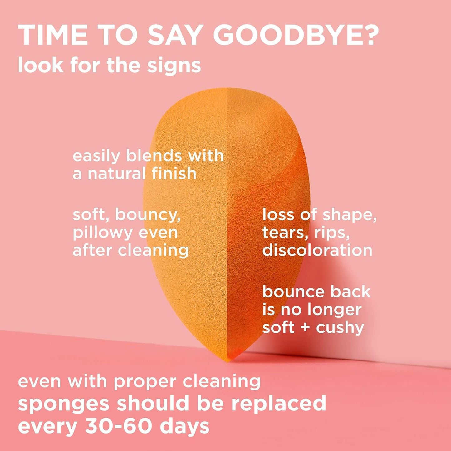 Orange sponge with text on a pink background about sponge care and replacement.