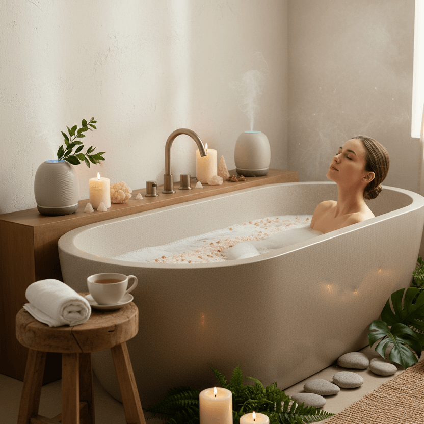 Westlab Epsom Himalayan Salts with Frankincense Bergamot with a person in bath tub relaxing in a mindful experience environment. square image please