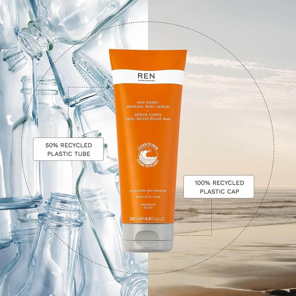 Orange REN skincare tube with recycled plastic information on a neutral background