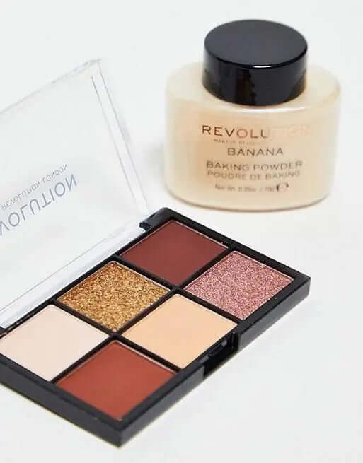 Revolution Mini Favourites Set featuring banana baking powder and an eyeshadow palette with warm-toned shades.