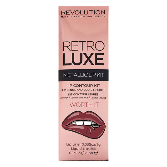 Revolution Retro Luxe Metallic Lip Kit packaging featuring lip liner and liquid lipstick, labeled 'Worth It'.
