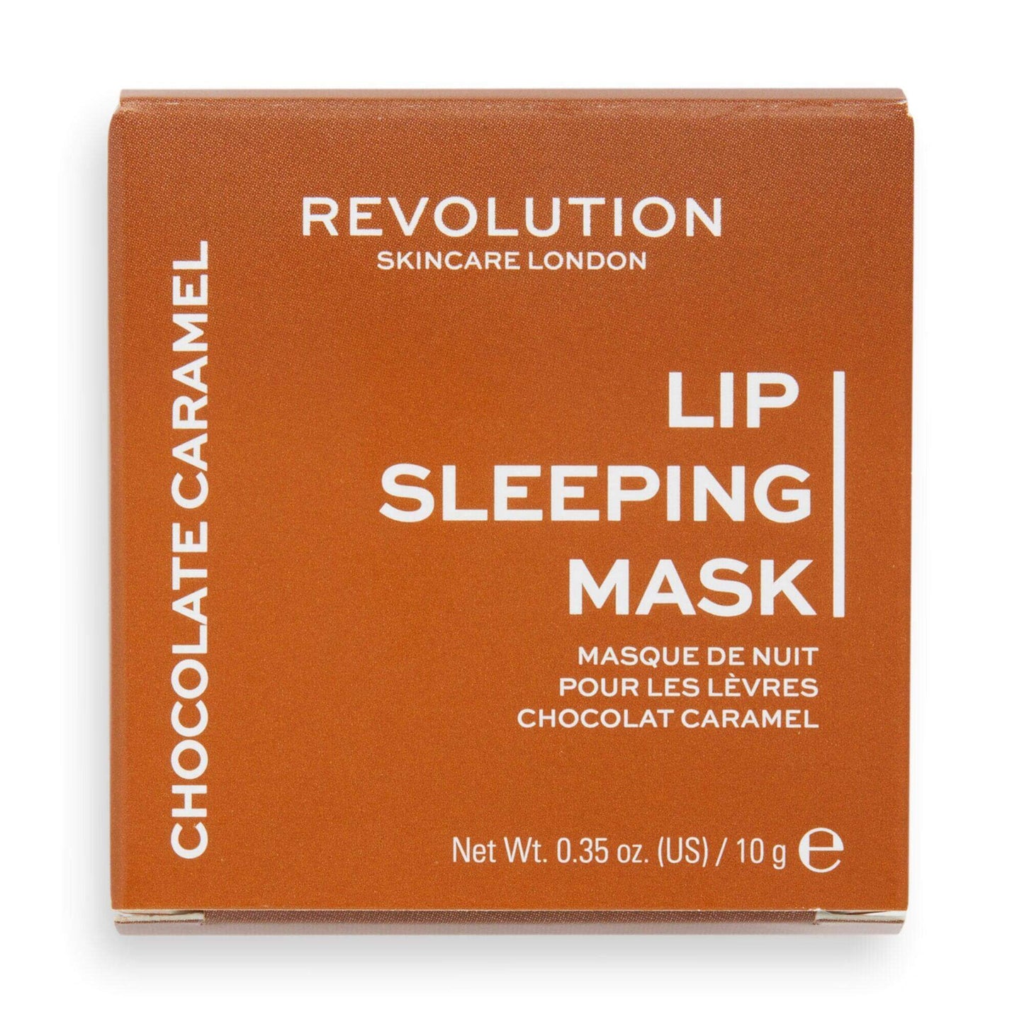 Revolution Skincare Chocolate Caramel Lip Sleeping Mask packaging for overnight lip care, 10g.