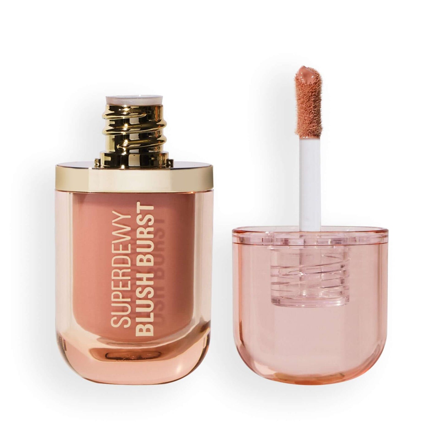 Revolution Superdewy Liquid Blush Burst in stylish pink packaging with applicator for a vibrant, hydrating makeup look.