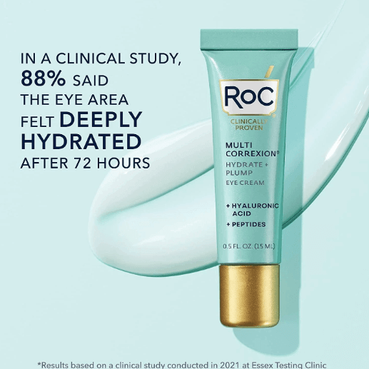 RoC Multi Correxion Hydrate + Plump Eye Cream 15ml with hyaluronic acid for deep hydration and age-defying results.