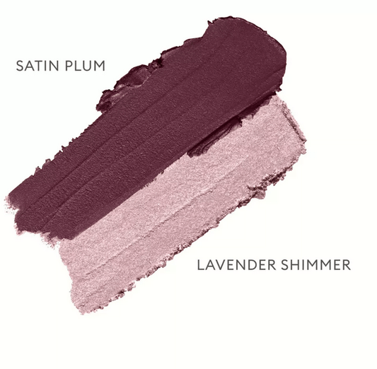 Rose Inc Satin & Shimmer Duet Eyeshadow in Satin Plum and Lavender Shimmer swatches for elegant eye looks.