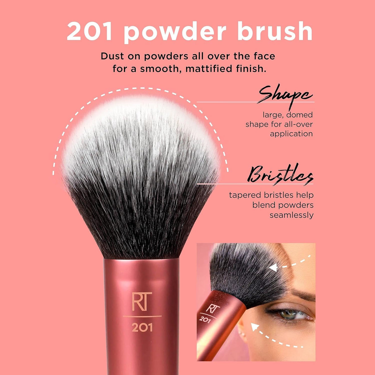 Cosmetic brush with features highlighted on a pink background