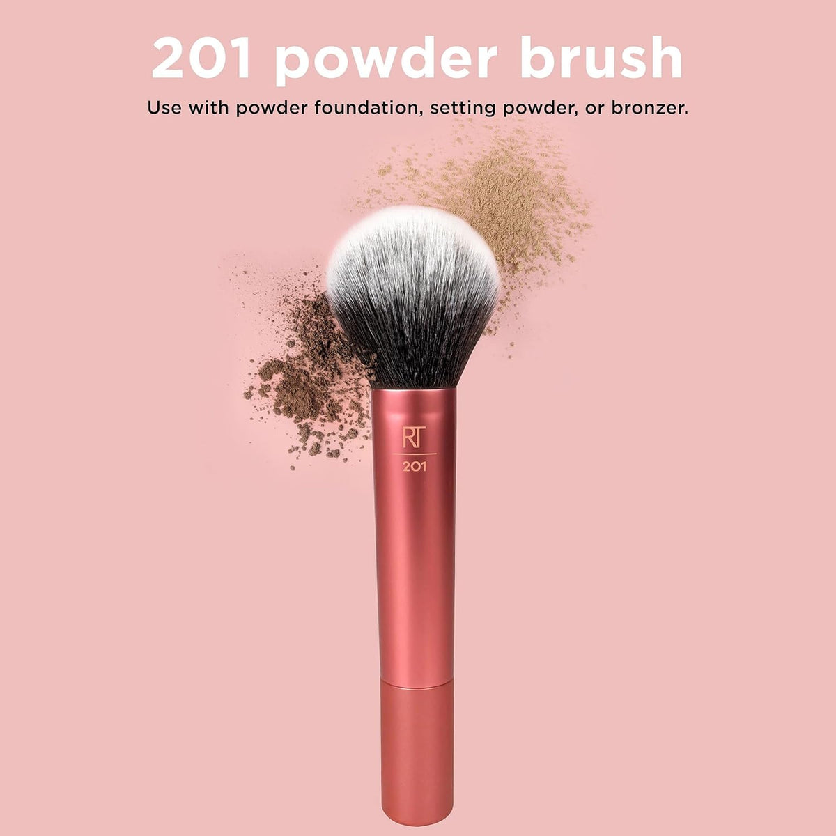 Makeup brush with powder on a pink background, labeled '201 powder brush'.