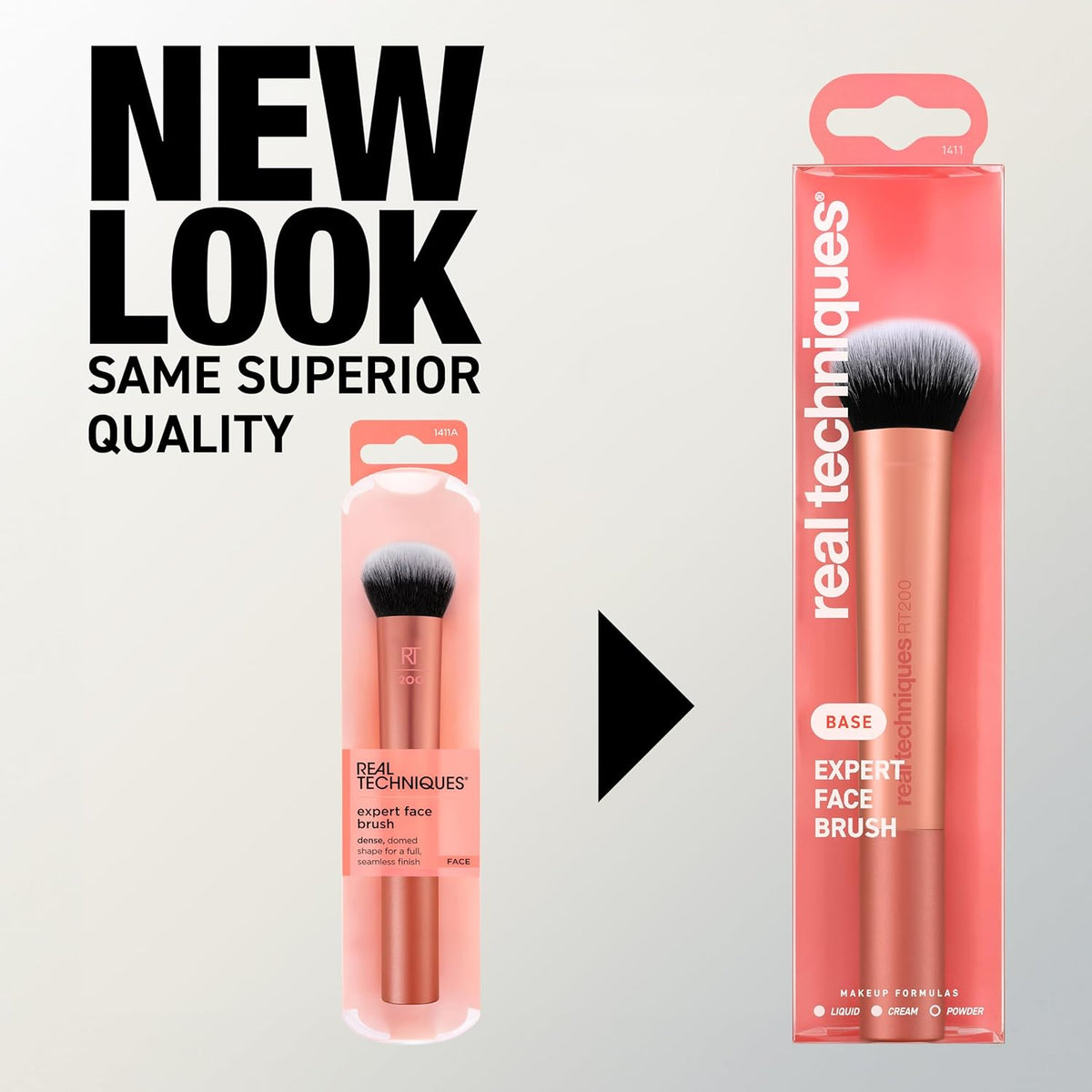 Real Techniques makeup brush packaging with 'New Look, Same Superior Quality' text on a gray background.