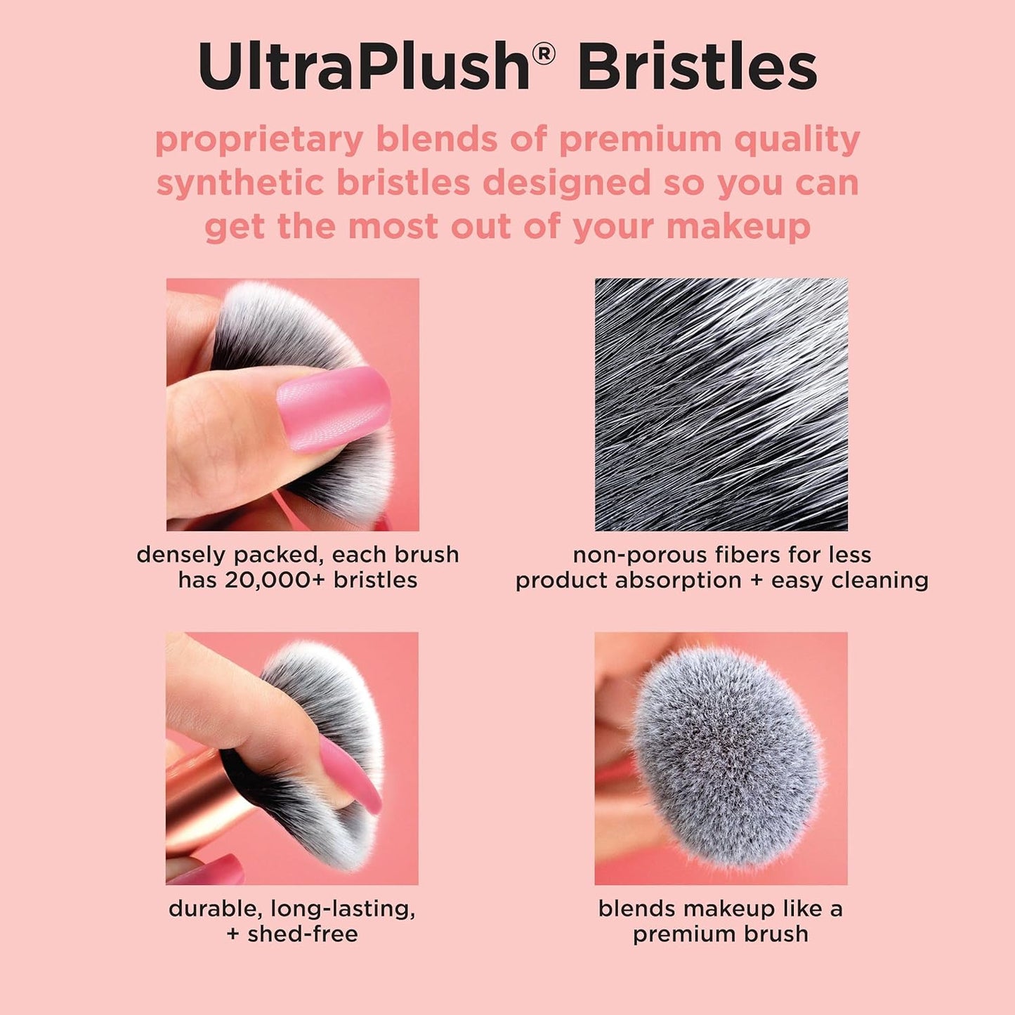 Advertisement for UltraPlush bristles with text and images on a pink background