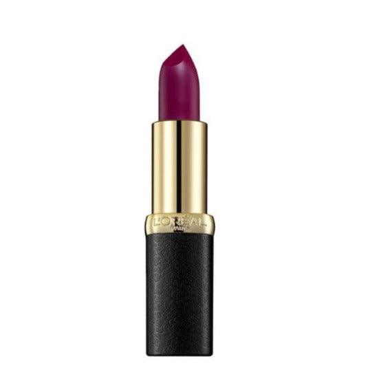 L'Oreal Color Riche Matte Lipstick 463 Plum Tuxedo in a gold and black tube, showcasing rich plum color.