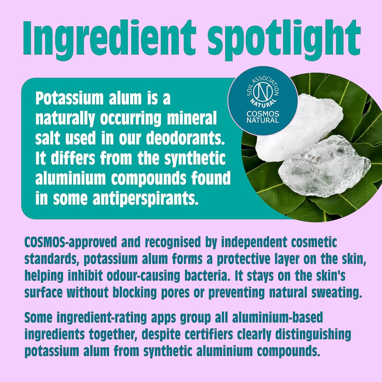 Salt of the Earth Ingredient spotlight on potassium alum with text and images of rocks and leaves on a purple background.