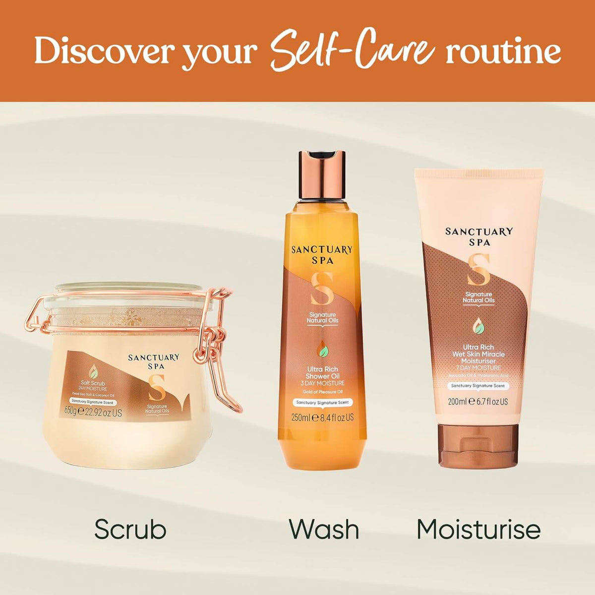 Sanctuary Spa products including scrub, wash, and moisturizer with 'Discover your Self-Care routine' text.