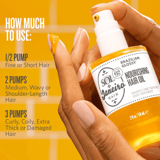 Instructions for using Sol de Janeiro Brazilian Glossy Nourishing Hair Oil based on hair type.