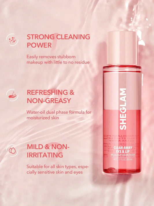 SHEGLAM Clear Away Eye & Lip Makeup Remover promoting strong cleaning power, refreshing formula, and mild skin compatibility.