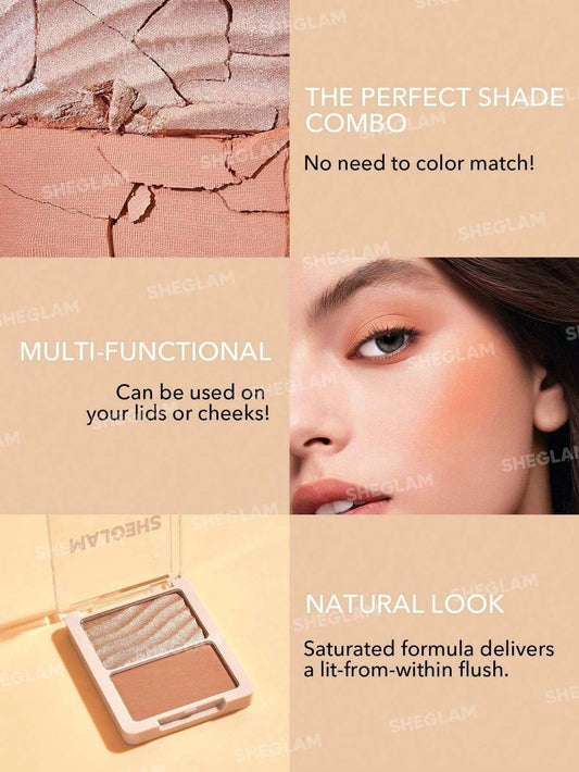 SHEGLAM Glam 101 Hybrid Highlighter & Blush Duo features versatile shades for a natural look on cheeks and lids.