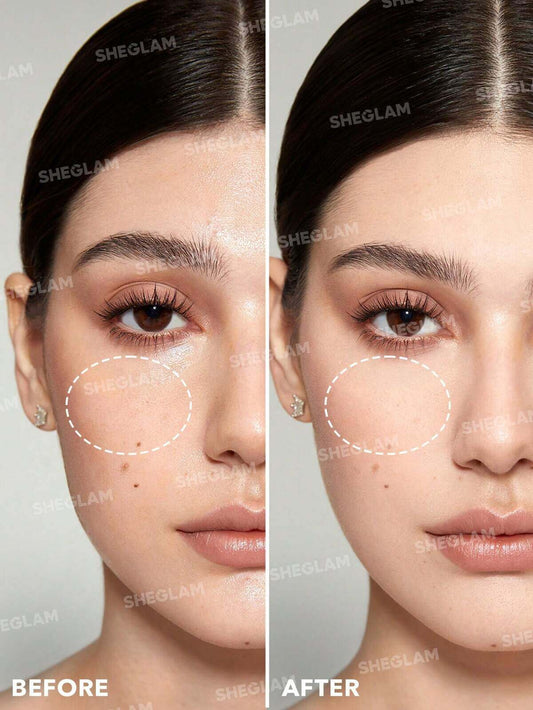 Before and after showing the effects of SHEGLAM Hydro-Touch Refreshing Setting Powder on skin appearance.