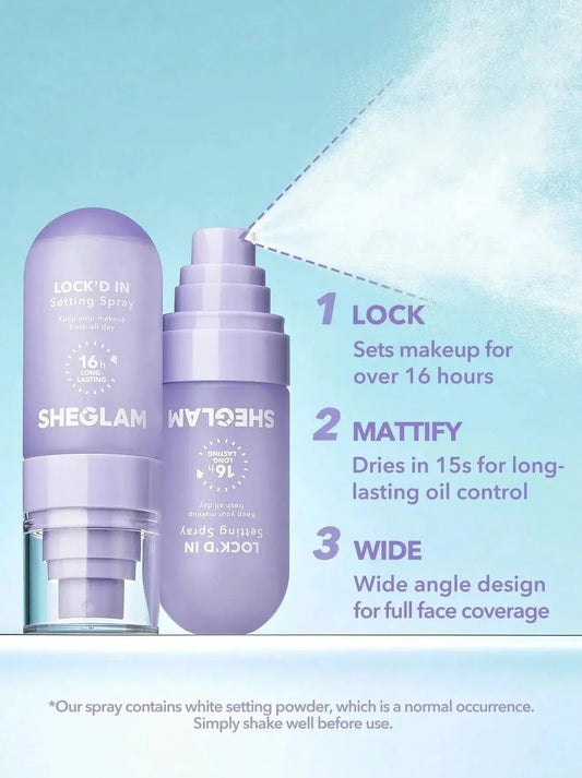 SHEGLAM LOCK'D IN Setting Spray 55ml infographic showing benefits: locks makeup, mattifies, wide-angle spray.