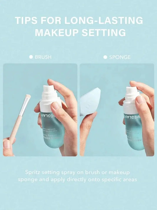 Tips for using SHEGLAM Press Refresh Setting Spray with a brush and sponge for long-lasting makeup
