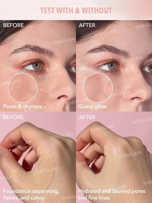 Before and after comparison of SHEGLAM Love Dive Priming effects on pores and skin texture.
