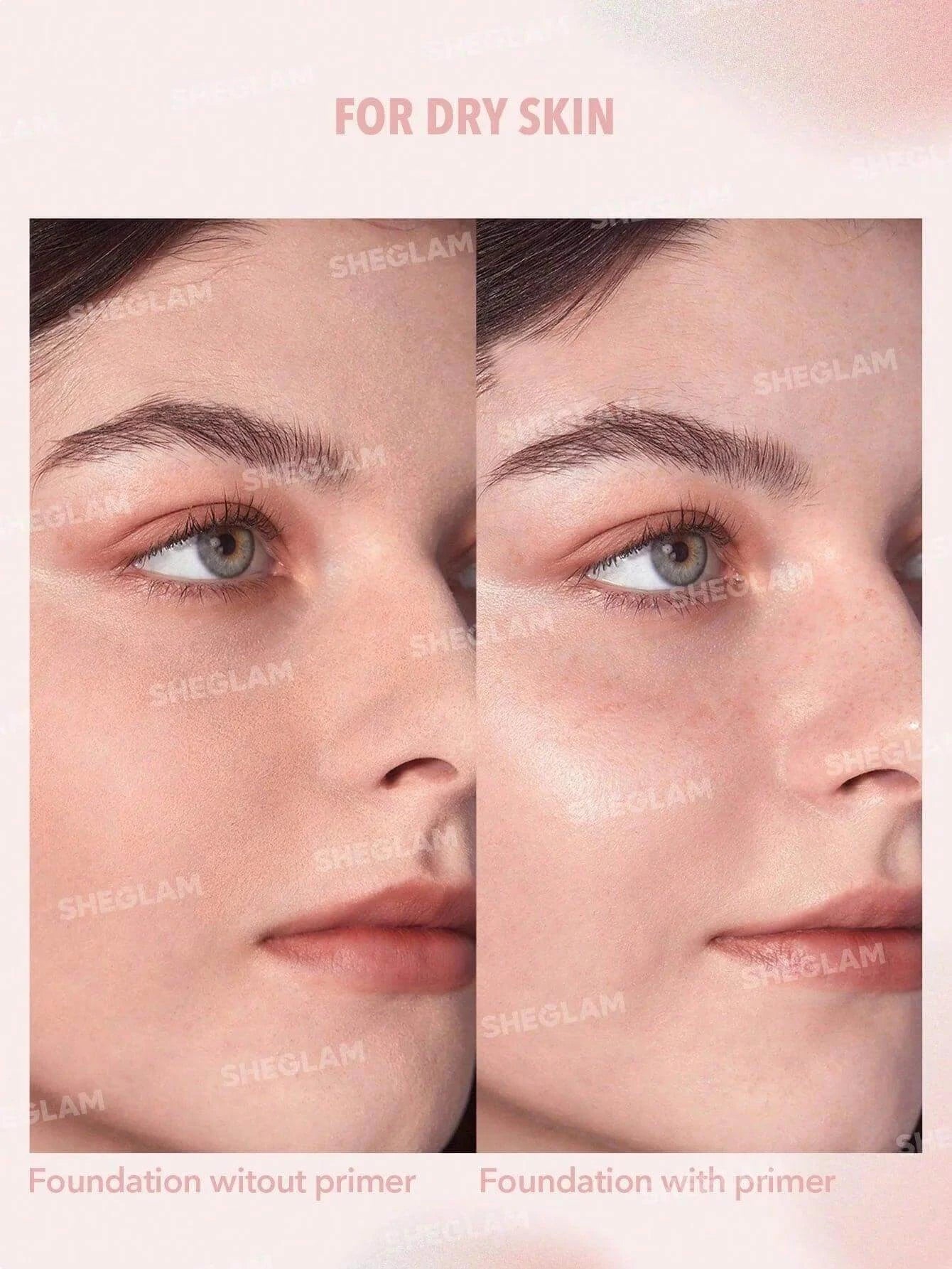 Comparison of foundation with and without SHEGLAM Love Dive primer for dry skin, showcasing hydration and smoother complexion.