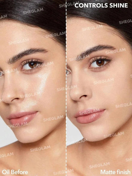 Comparison of skin oiliness before and after using SHEGLAM Matte Fresh Setting Spray, highlighting shine control.