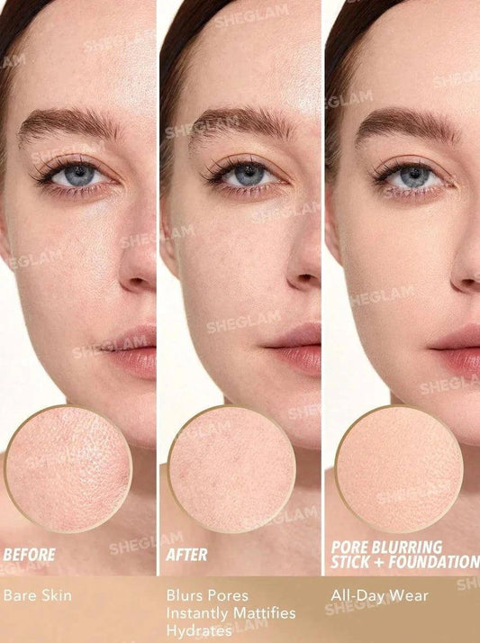 Before and after using SHEGLAM Pore Eraser Blurring Stick for a smooth, pore-less finish with long-lasting hydration.