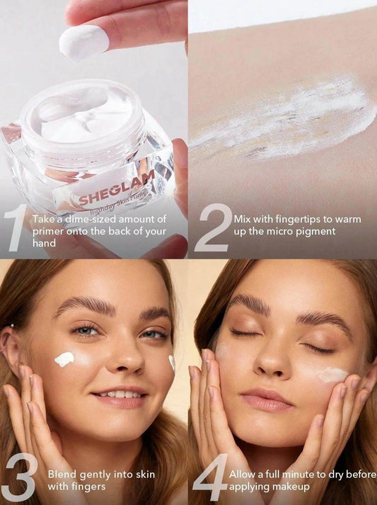 Step-by-step application guide for SHEGLAM Primer: measure, mix, blend, and prep skin for flawless makeup.