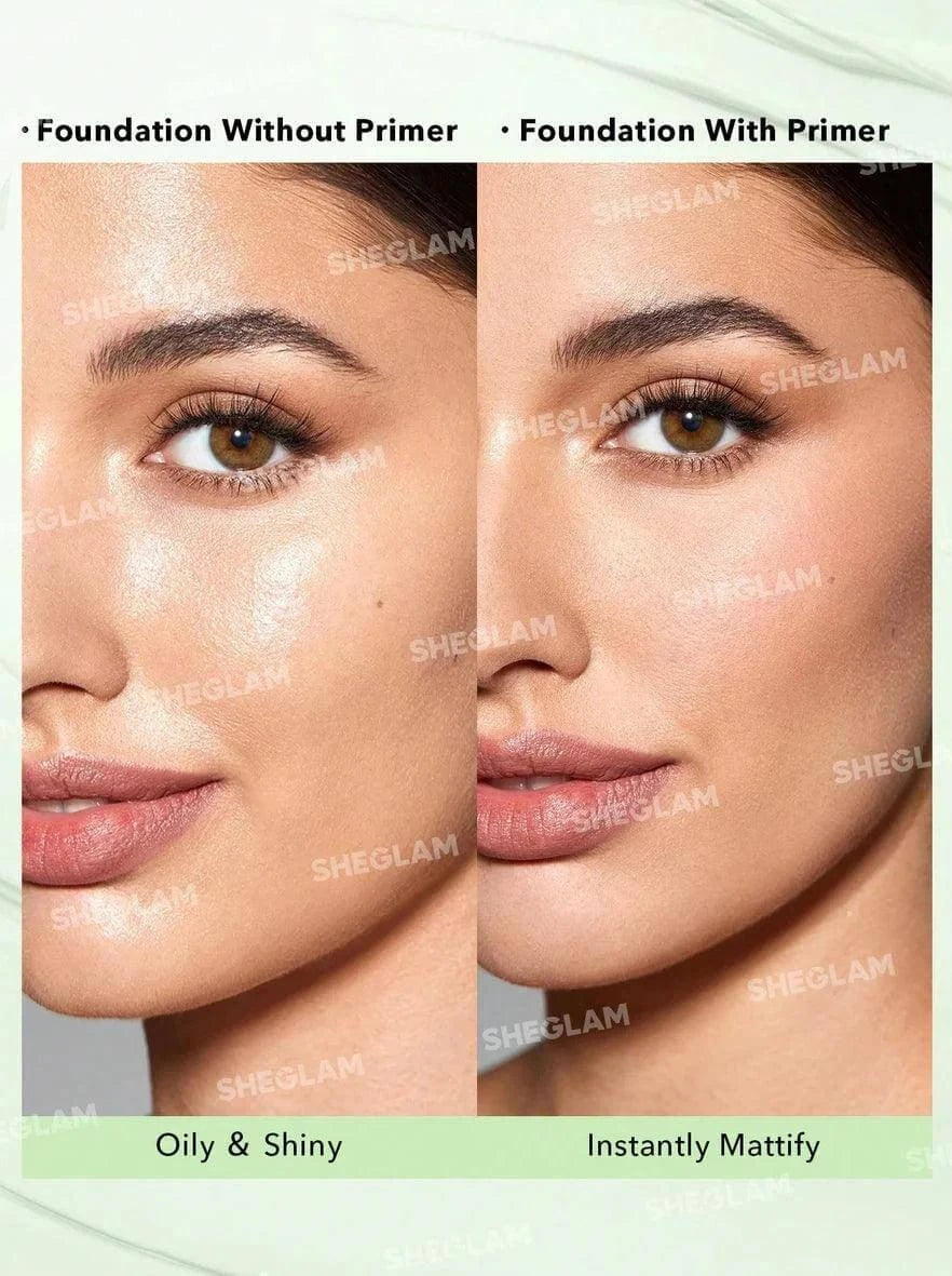 Before and after using SHEGLAM primer, showing oily skin versus instantly matte finish.