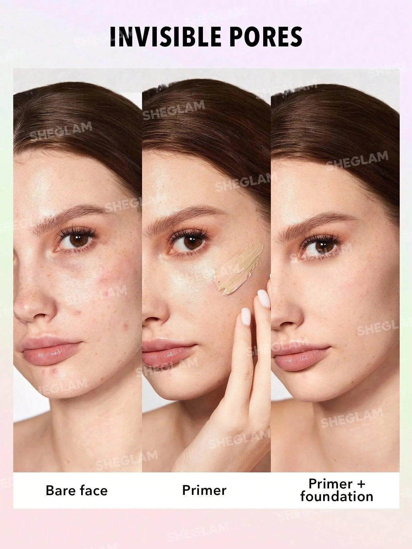 Before and after using SHEGLAM Triple Treat Correcting Primer, showing bare face, primer application, and finished look.